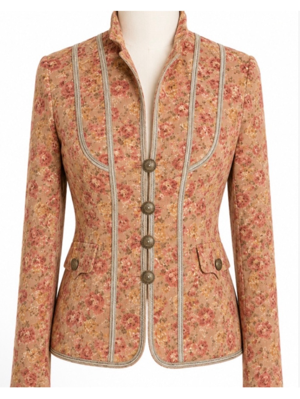 New Kenneth Lynn Floral Corduroy Blazer S Beige Pink